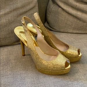 Gold sparkly heels with open-toe